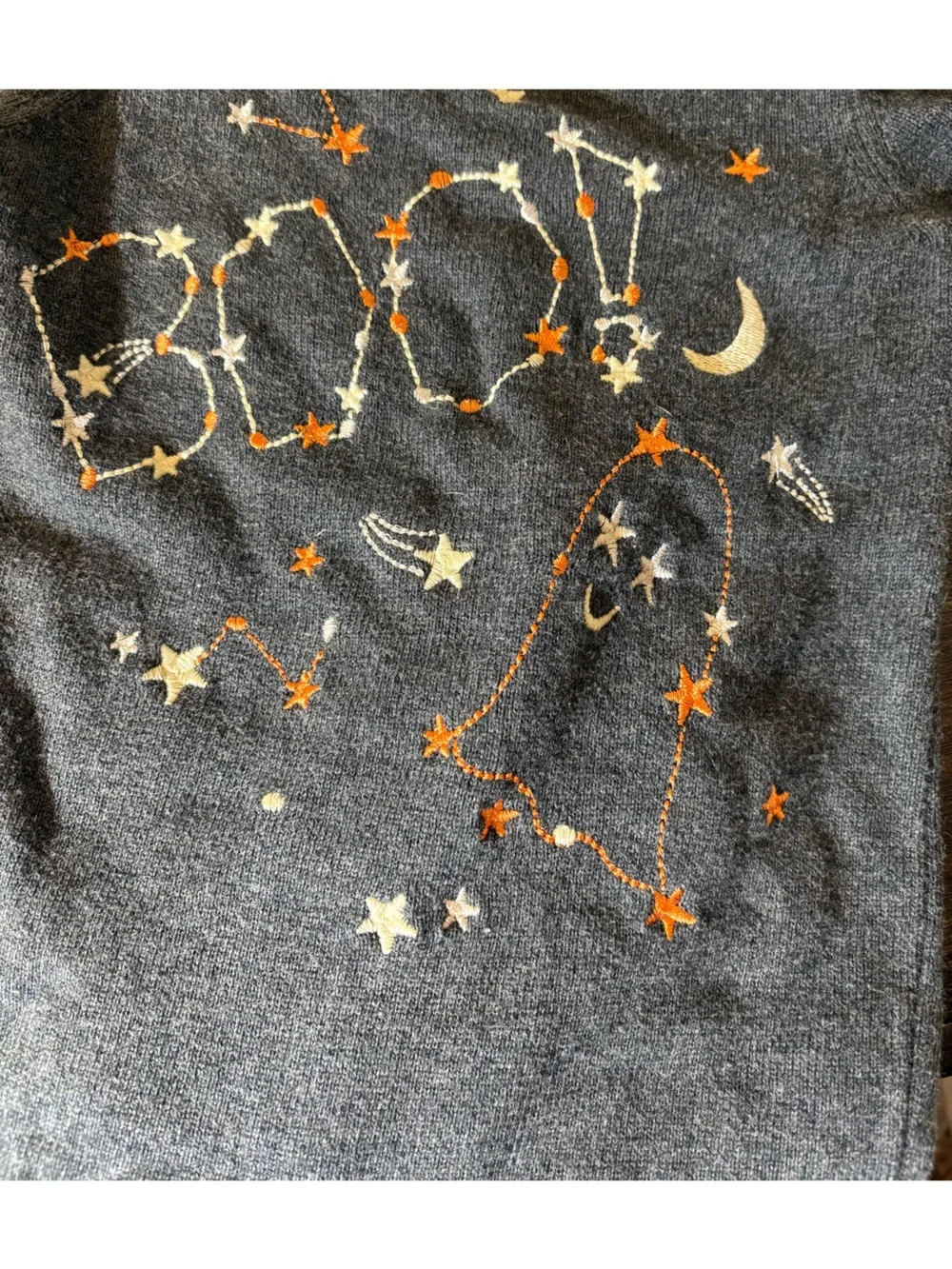 Charcoal Gray Embroidered Boo Star & Moon Ghost Sweater